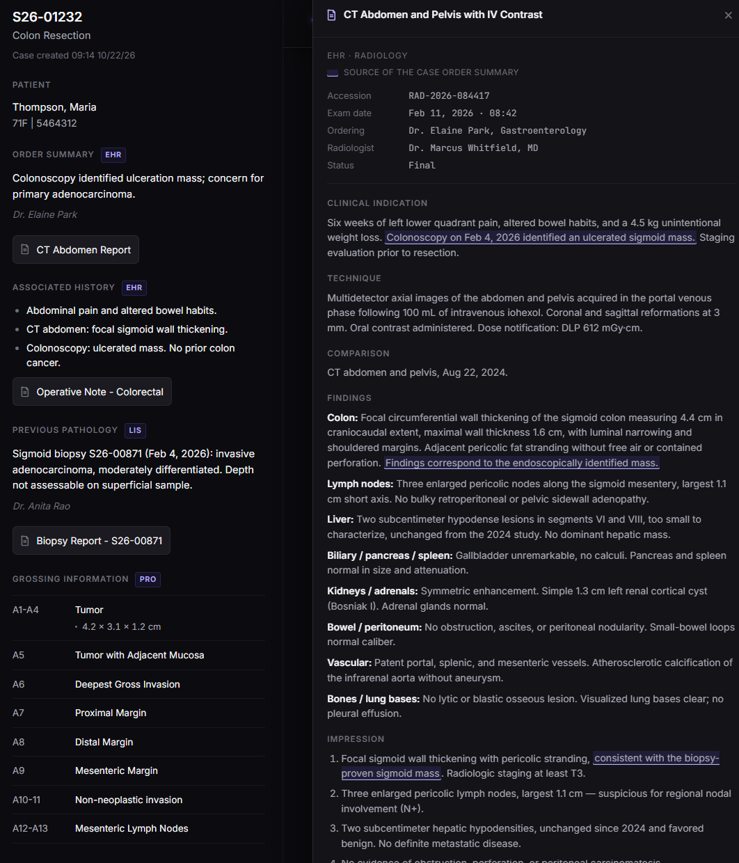 The case context panel with the CT abdomen and pelvis report opened beside it. The report is labeled as the source of the case order summary, and the sentences the summary drew on are highlighted inside the radiologist's clinical indication and findings.