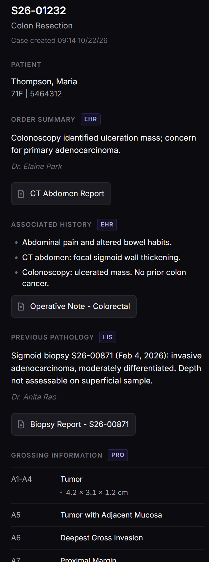 Cogit's case context panel for a colon resection. The order summary and associated history are tagged EHR, the previous sigmoid biopsy is tagged LIS, and the grossing block list with tumor measurements is tagged PRO. Each section carries buttons opening the source document.